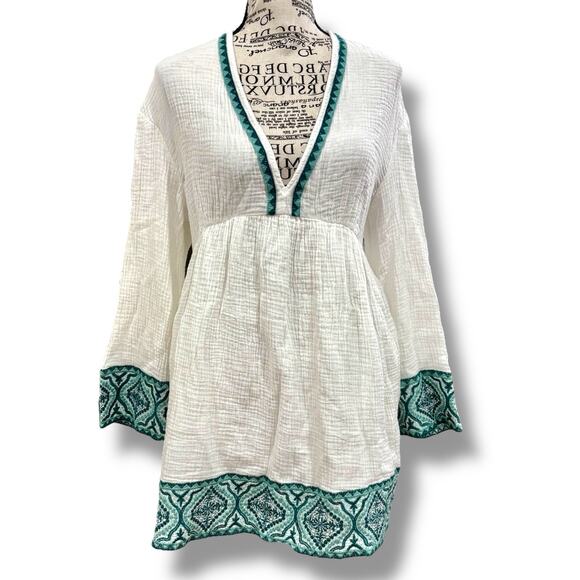 Zara Size M White Green Embroidered Cotton Gauze Mini Dress Boho Swim Cover $129 - Picture 2 of 6